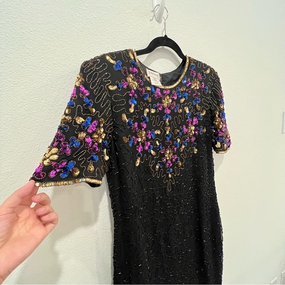 Vtg Sténay Black Gold Beaded Sequin Trophy Dress Silk India Size Xl Holidays - Picture 9 of 16
